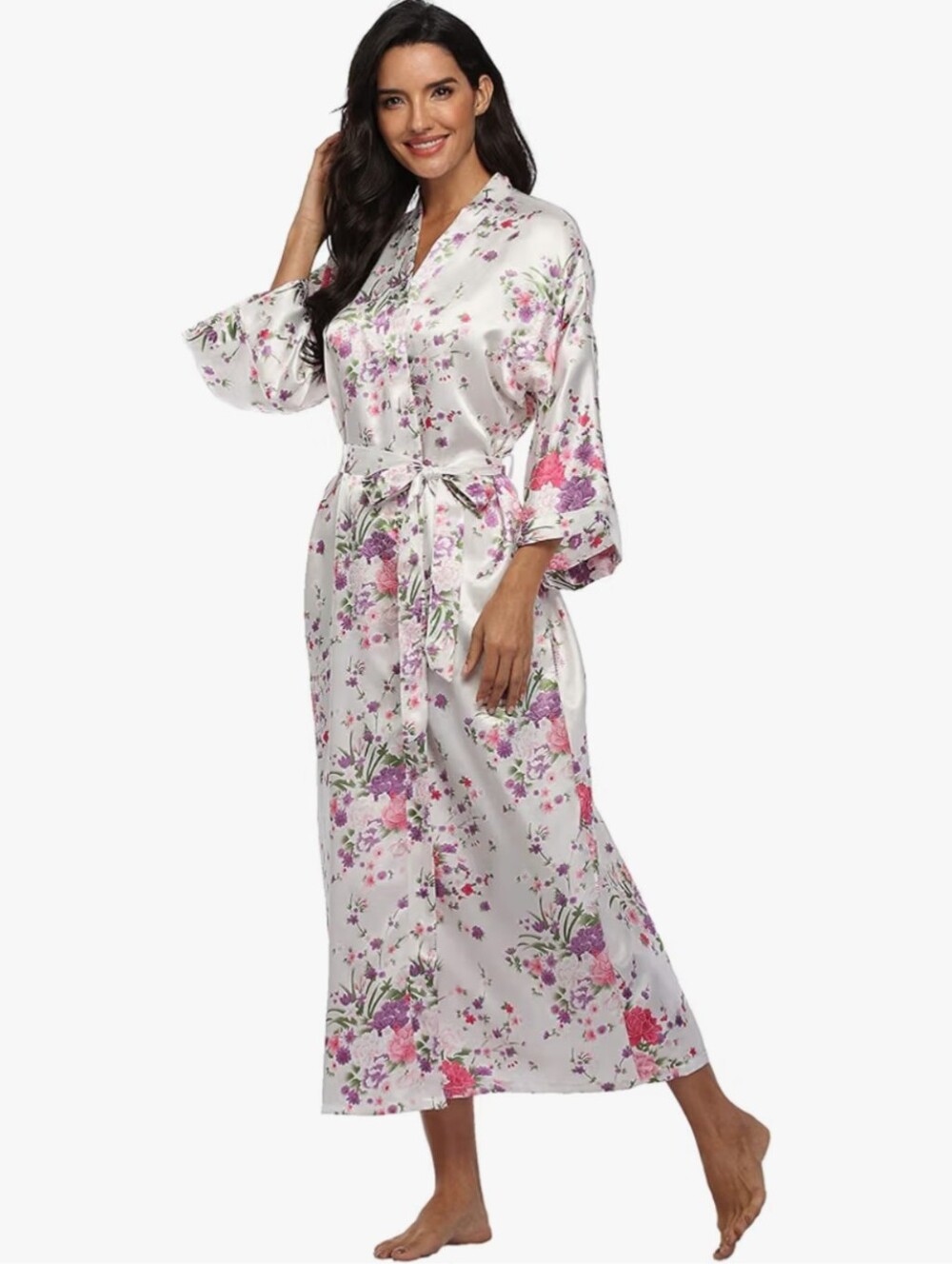 Women's Long Satin Robe Floral Lightweight KimonoSilky Bridesmaids Robes